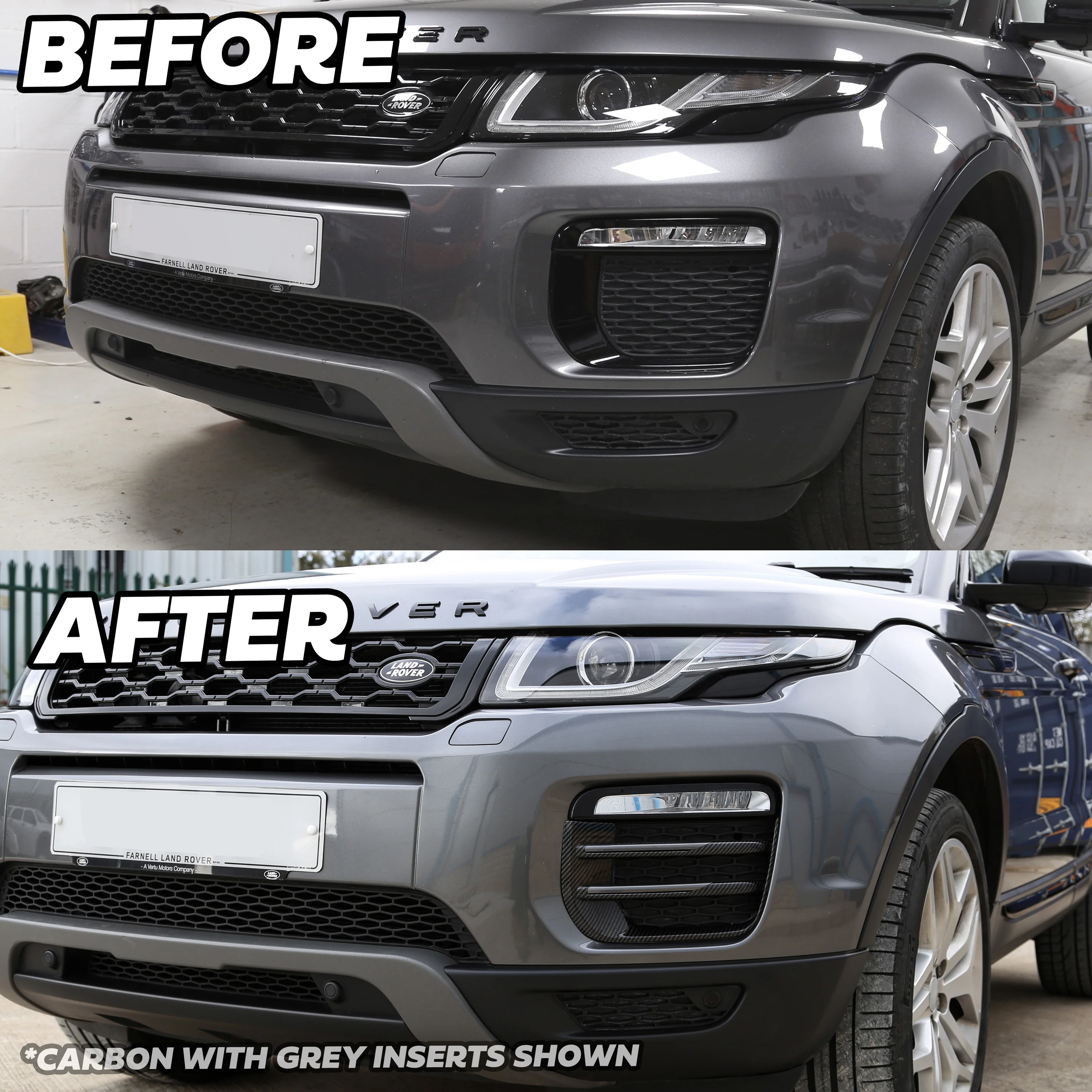 Black Front fog Surrounds wih Carbon Fibre Effect Inserts for Range Rover Evoque SE & HSE (2016-19) - Image 9