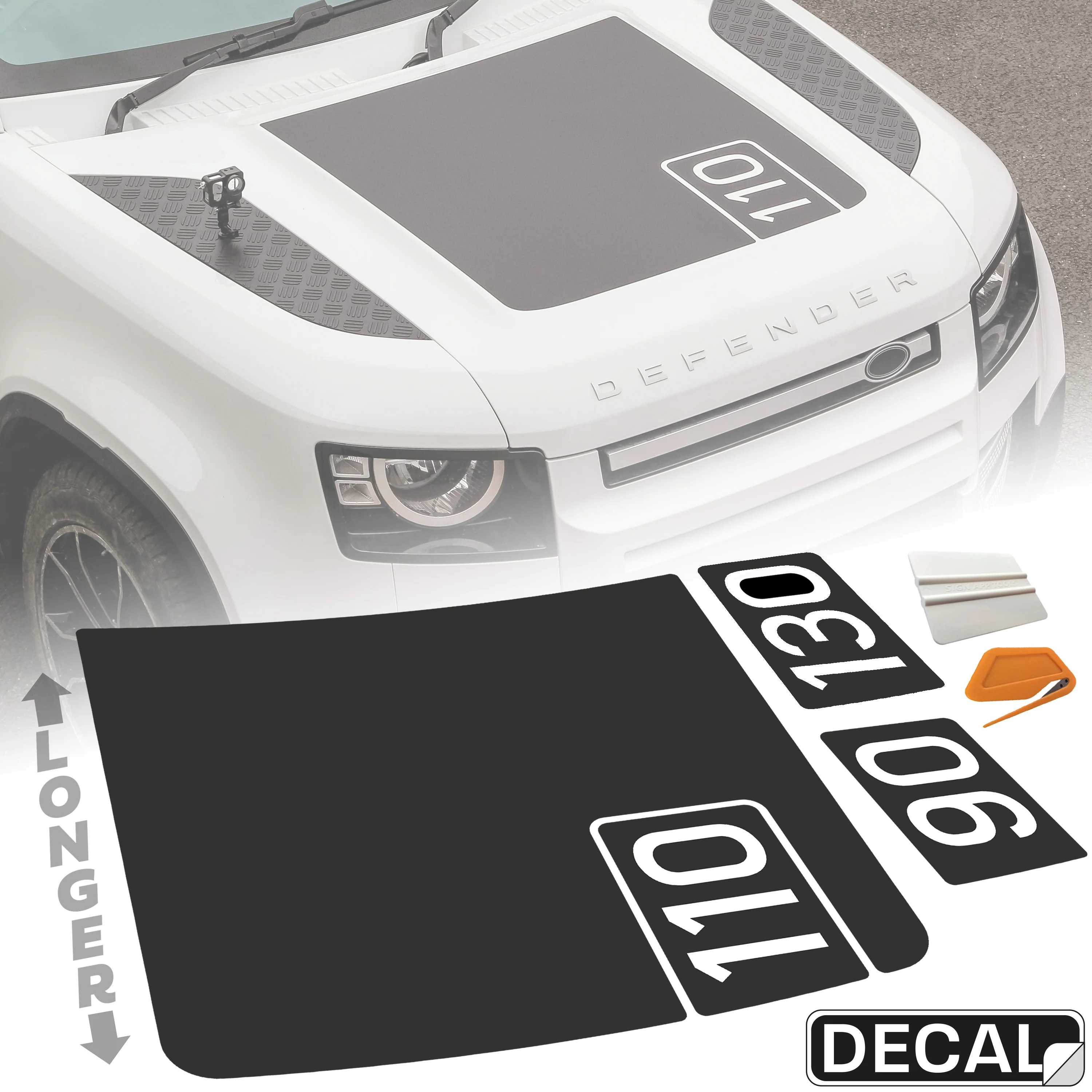 Bonnet Decal '90+110+130' - Aftermarket (Longer) for Land Rover Defender L663