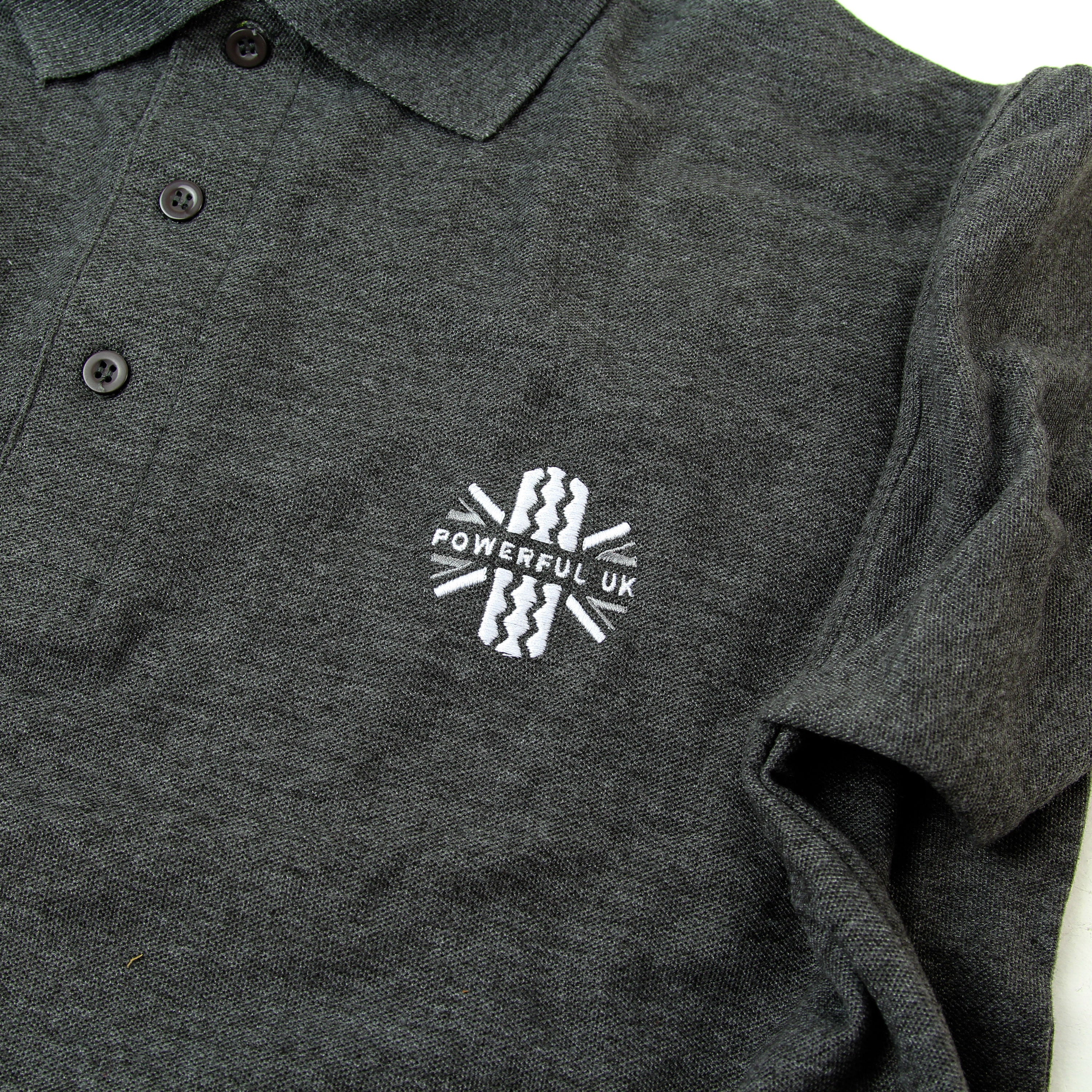Embroidered Polo Shirt Powerful UK Ltd "Merch" - Charcoal Grey - SMALL - Image 3