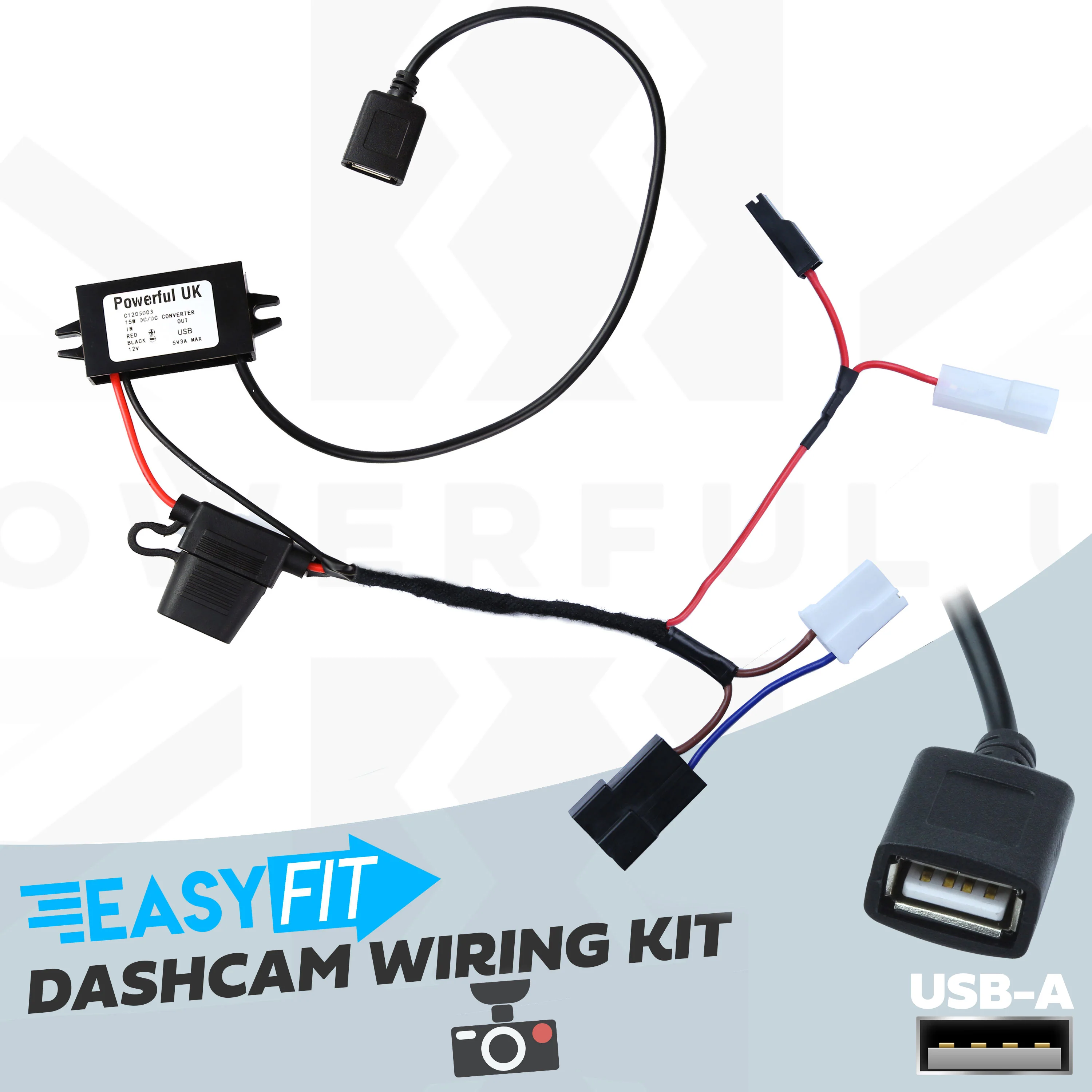 Overhead Console 'Dashcam' Wiring Kit - Tap-in Loom + USB-A Adapter for Ford Fiesta