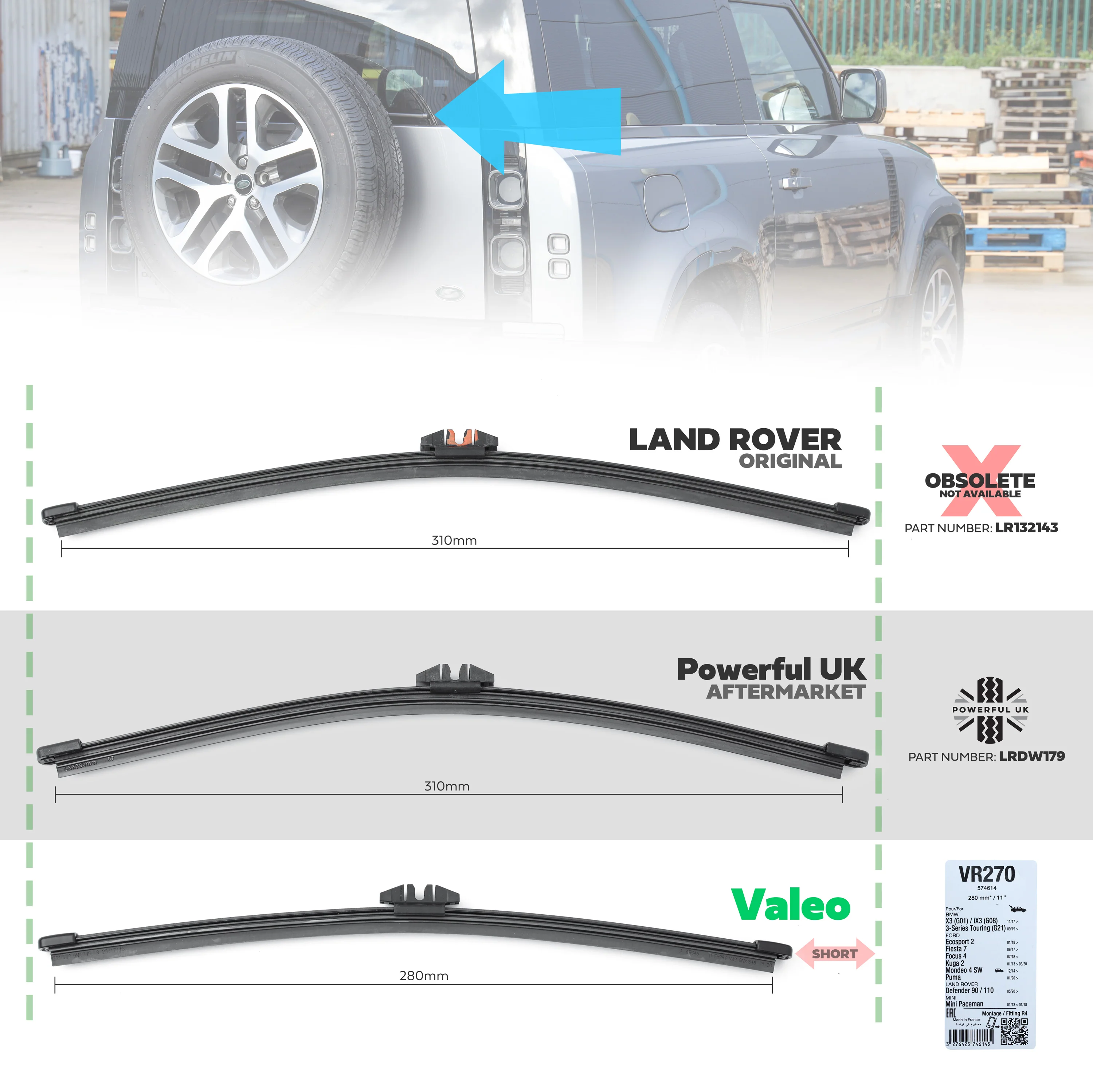 Rear Wiper Blade for Land Rover Defender L663 - Early Type (Flatblade) - Image 3